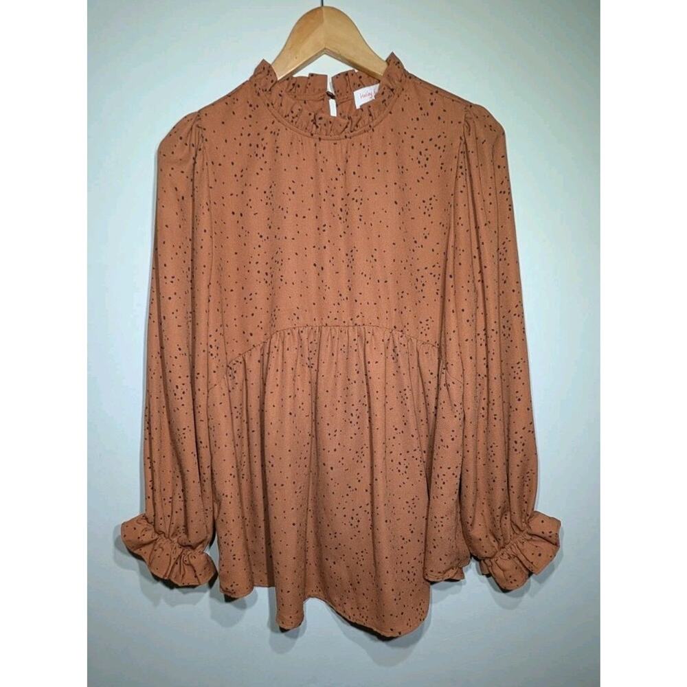 Hailey & Co Rust Speckled Peplum Blouse M Ruffle Neck Balloon Sleeves Boho Chic